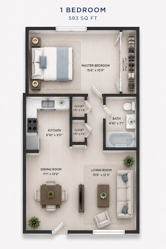 A floor plan of a 1 bedroom apartment sized at 593 square feet.