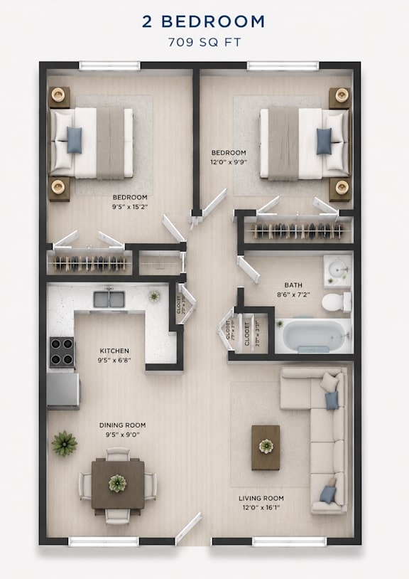 A 2 bedroom apartment is 709 square feet in size.