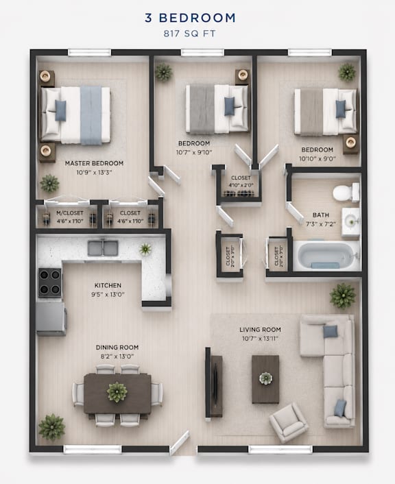 A 3 bedroom apartment layout with a master bedroom, two closet bedrooms, a living room, a dining room, a kitchen, and a bathroom.