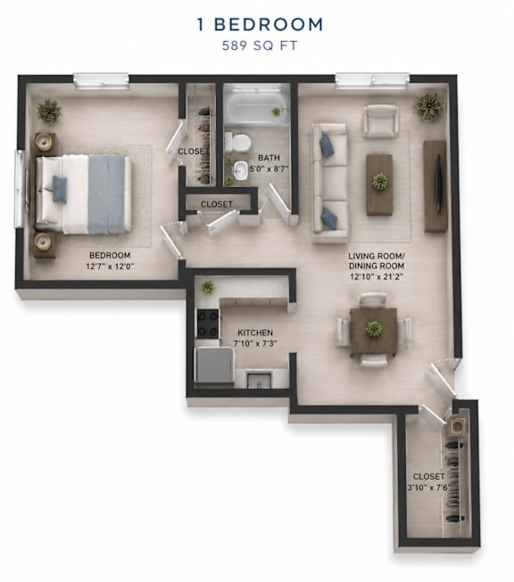 A 1 bedroom apartment is 589 square feet with a living room, dining room, kitchen, and bath.