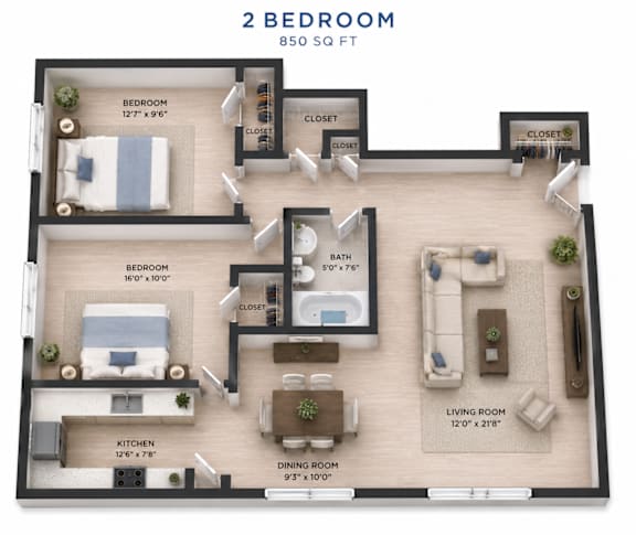 A 2 bedroom apartment is 850 square feet with a living room, kitchen, dining room, and two bedrooms.