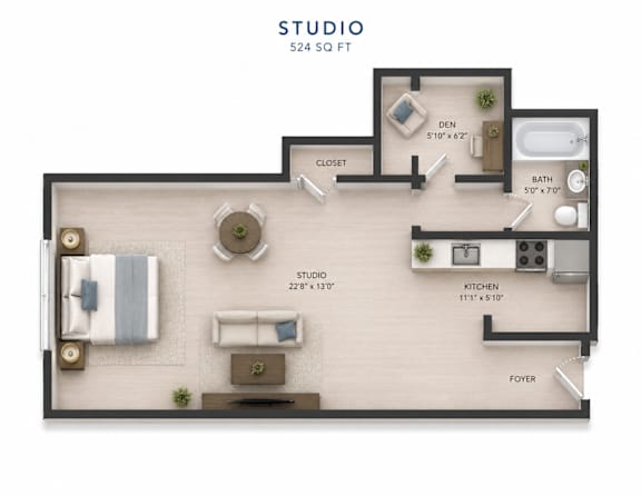 A floor plan of a studio apartment with a kitchen, bathroom, and living area.