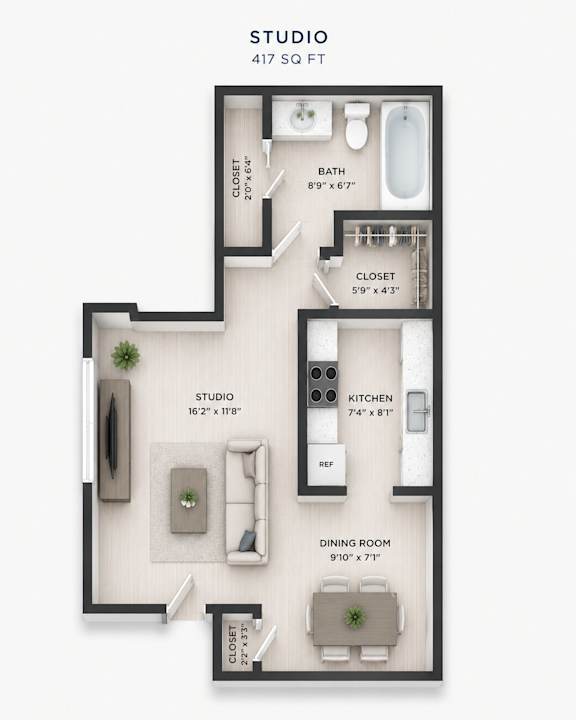A floor plan of a studio apartment is shown with dimensions for each room.