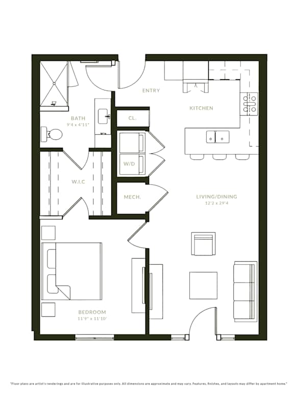 A black and white floor plan of a house with a kitchen, living room, dining room, bathroom, and bedroom.