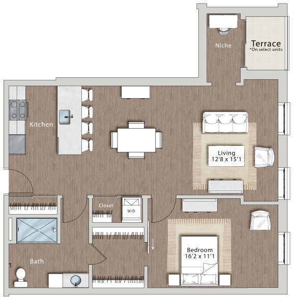 a floor plan of a house with a bedroom and a living room  at Sono Central Residential, Norwalk, CT