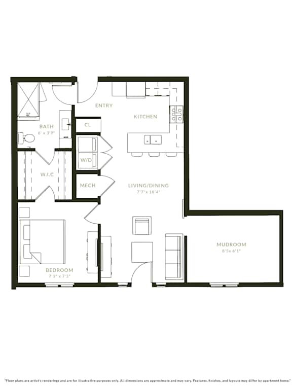 A black and white floor plan of a house with a bedroom, bathroom, kitchen, living room, and a mudroom.