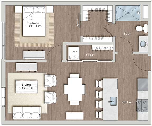 a floor plan of a living room with a bedroom and a kitchen at Sono Central Residential, Norwalk, Connecticut