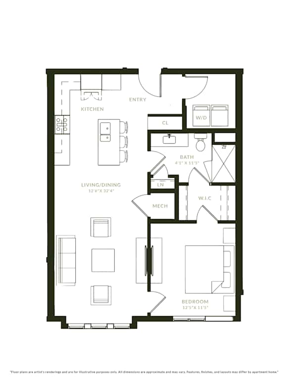 A black and white floor plan of a house with a living room, dining room, kitchen, bathroom, and bedroom.