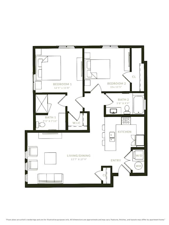 A black and white image of a floor plan for a two bedroom apartment.