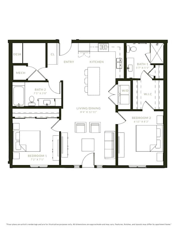 A black and white image of a floor plan for an apartment.