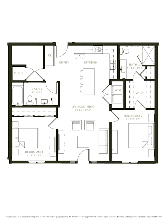A black and white image of a floor plan for a two bedroom apartment.