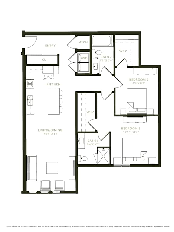 A black and white image of a floor plan for a two bedroom apartment.