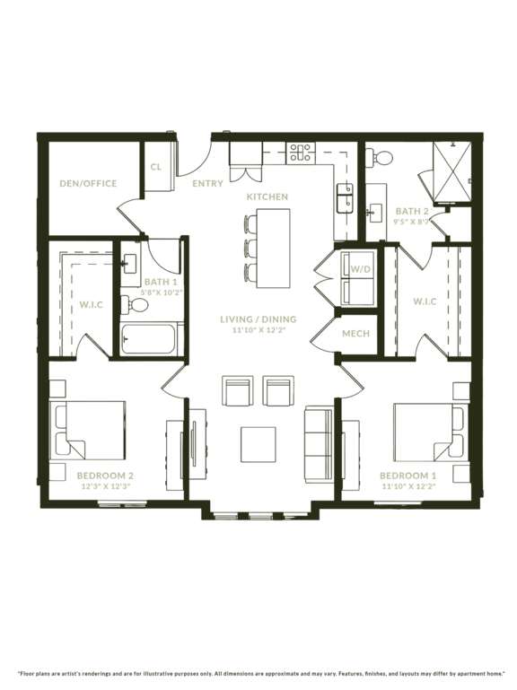 A floor plan of a house with a den/office, kitchen, two bathrooms, a living/dining area, a mech, and two bedrooms.