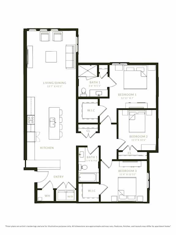 A black and white floor plan of a house with three bedrooms.