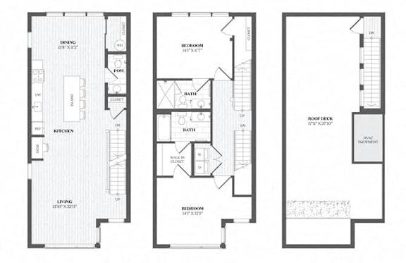 Three floor plans of a house with labeled rooms.