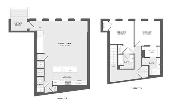 A floor plan of a house with two bedrooms and a living room.