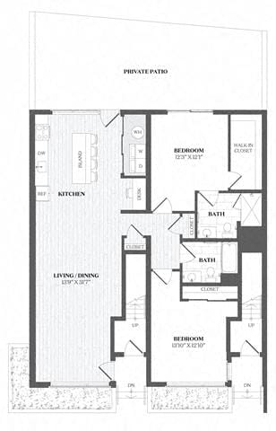 A floor plan of a house with a living room, dining room, kitchen, and two bedrooms.