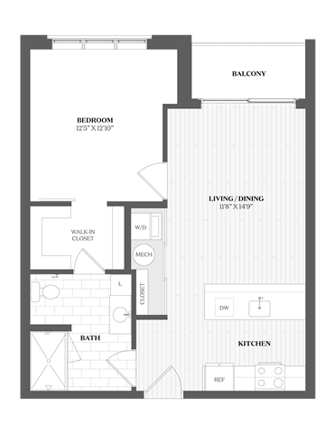 Floor Plan  1 Bed 1Bath A1 Floor Plan at The Audubon New Haven, New Haven, 06511