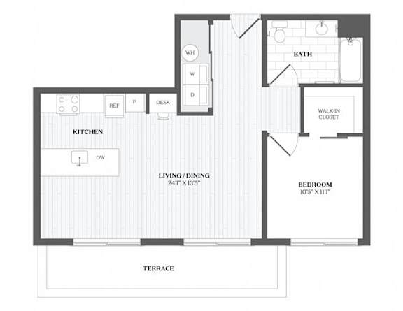 1 Bed 1Bath A3 Floor Plan at The Audubon New Haven, New Haven