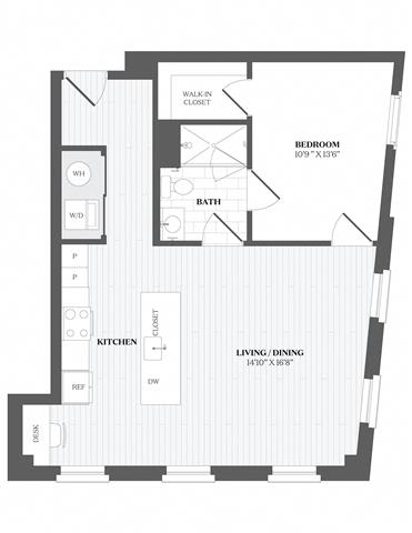 1 Bed 1Bath A6 Floor Plan at The Audubon New Haven, Connecticut, 06511