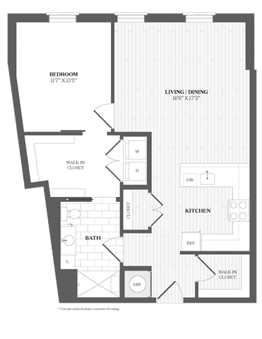 1 Bed 1Bath A8 Floor Plan at The Audubon New Haven, New Haven