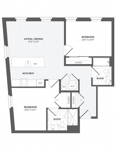 2 Bed 2 Bath B2 Floor Plan at The Audubon New Haven, Connecticut