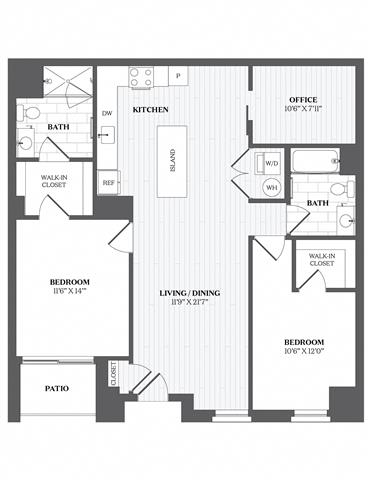 2 Bed 2 Bath Den Floor Plan at The Audubon New Haven, New Haven