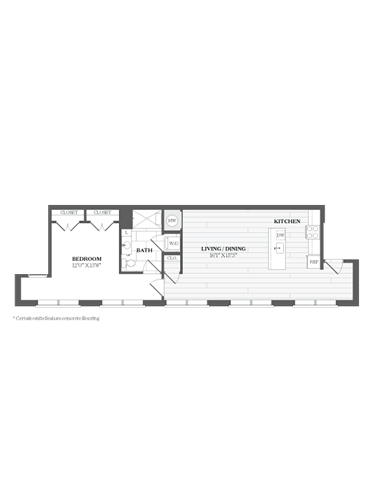 A floor plan of a one bedroom apartment with a living and dining area.