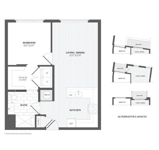 A black and white image of a floor plan for a home with a living room, kitchen, bathroom, and walk-in closet.