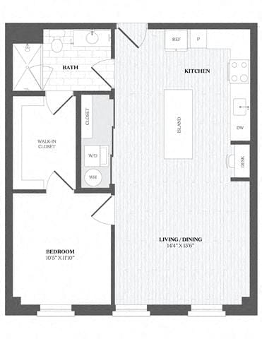 A floor plan of a house with a living room, dining room, kitchen, and bath.