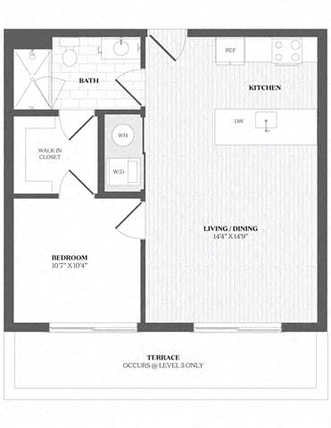 A floor plan of a house with a living room, kitchen, bathroom, and bedroom.
