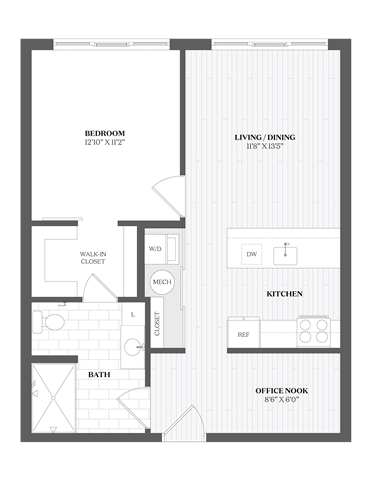 A black and white floor plan of a house with a bedroom, living/dining area, kitchen, bath, and office nook.
