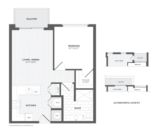A floor plan of a house with a balcony, living/dining area, kitchen, bath, and walk-in closet.