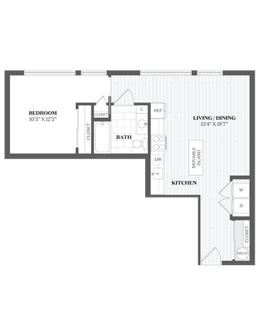 A floor plan of a house with a bedroom, bath, living/dining area, and kitchen.