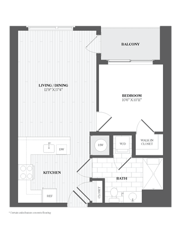 A black and white image of a floor plan for a home with a balcony, living/dining area, kitchen, bathroom, and bedroom.