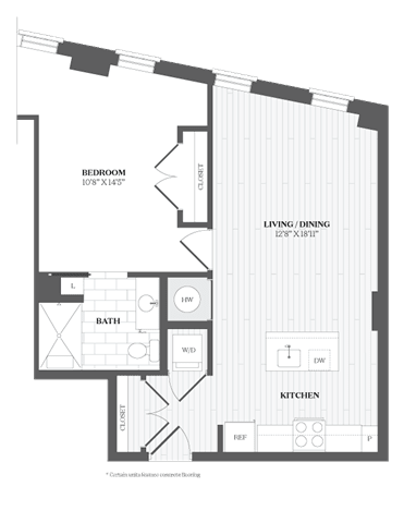 A floor plan of a house with a bedroom, bath, living/dining area, and kitchen.