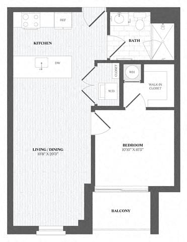 A floor plan of a home with a living/dining area, kitchen, bath, and bedroom.
