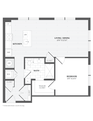 A black and white image of a floor plan for a living/dining room, kitchen, bathroom, and bedroom.