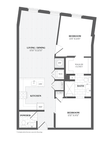 A floor plan of a house with two bedrooms, a living/dining area, a kitchen, a powder room, a bath, and a walk-in closet.