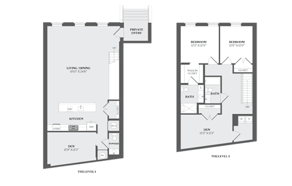 A floor plan of a two-bedroom apartment with a living/dining room and kitchen.