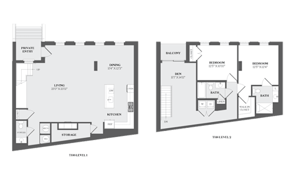 A floor plan of a house with two bedrooms, a living room, a kitchen, a dining room, a bathroom, and a storage area.
