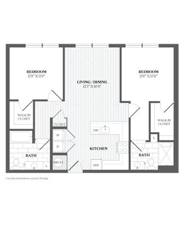 A floor plan of a house with three bedrooms, a living room, a dining room, a kitchen, two bathrooms, a walk-in closet, and a laundry room.