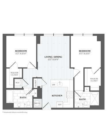 A floor plan of a house with three bedrooms, a living/dining area, a kitchen, two bathrooms, and a walk-in closet.