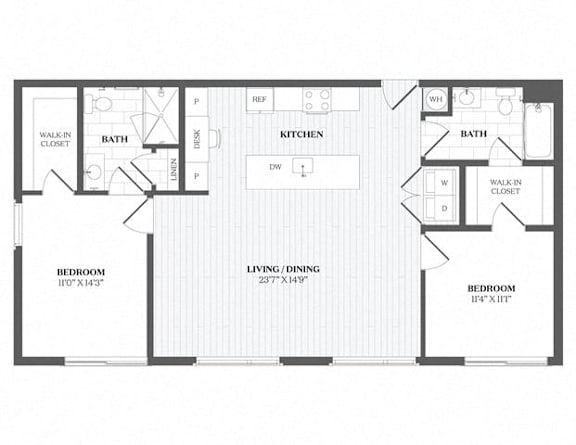 A floor plan of a house with two bedrooms, a living/dining area, a kitchen, a bathroom, and a walk-in closet.