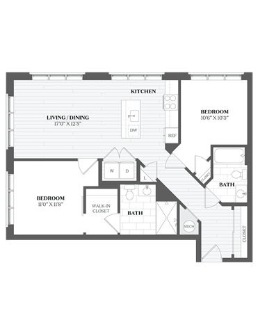 A floor plan of a house with a living room, kitchen, and two bedrooms.