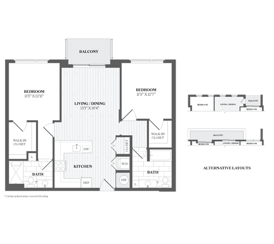 A floor plan of a house with a balcony, three bedrooms, a living/dining area, a kitchen, a bath, and a walk-in closet.
