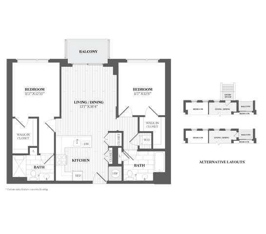 A floor plan of a house with a balcony, living/dining area, kitchen, and bathrooms.
