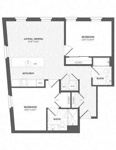 A black and white image of a house floor plan with a living/dining area, kitchen, two bedrooms, and two bathrooms.