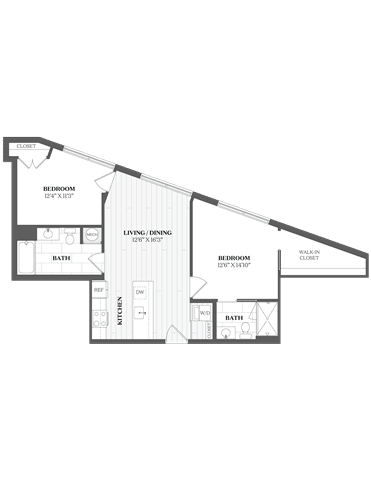 A floor plan of a house with two bedrooms, a living room, a bathroom, a kitchen, and a loft.