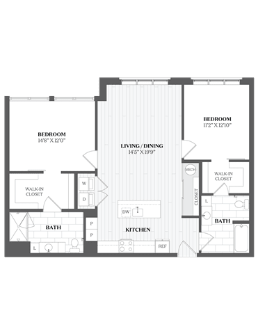 A floor plan of a house with three bedrooms, a living/dining area, a kitchen, a bath, and a walk-in closet.